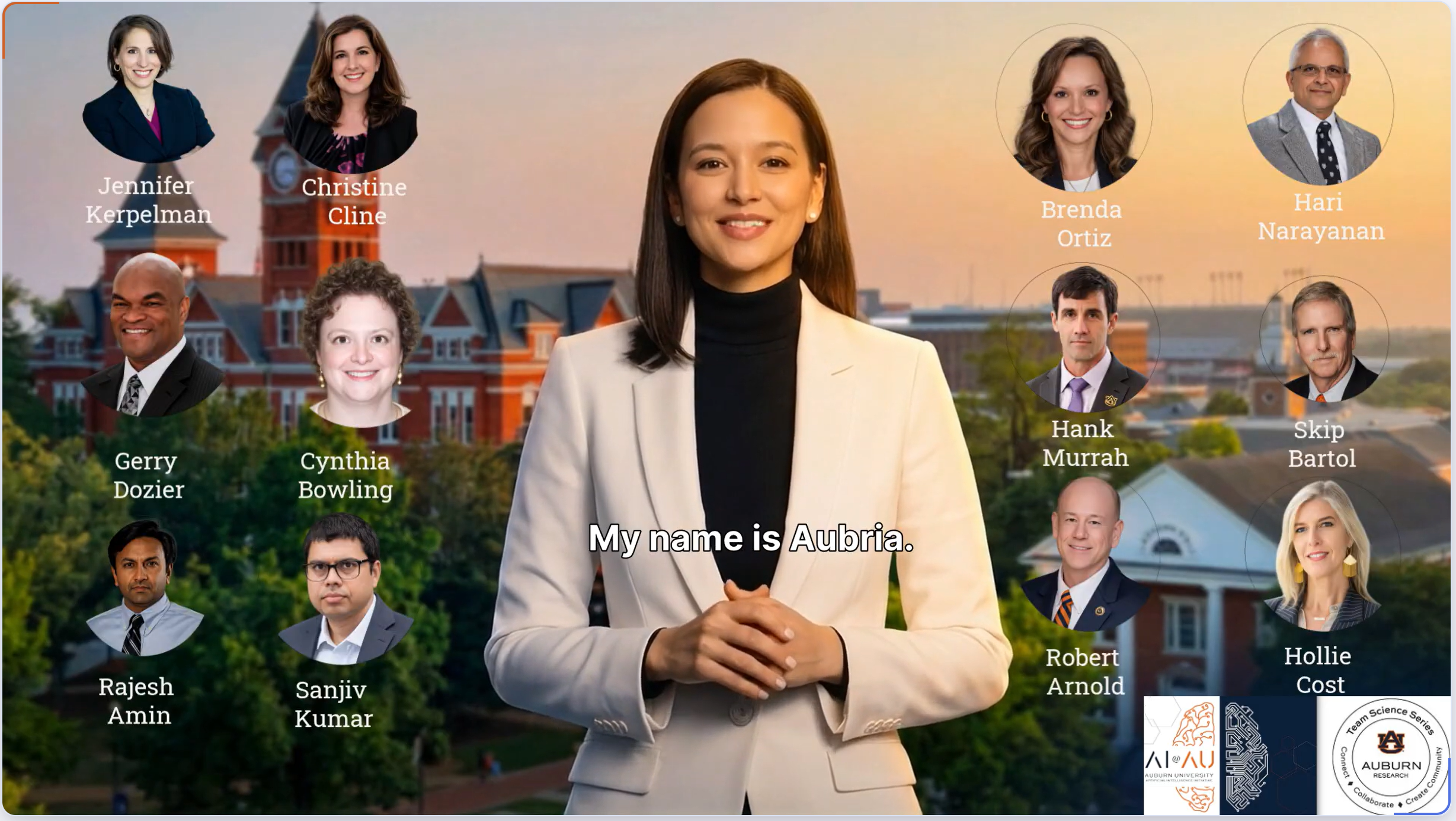 AUBRIA composite — AI avatar surrounded by the Auburn University team members who built her
